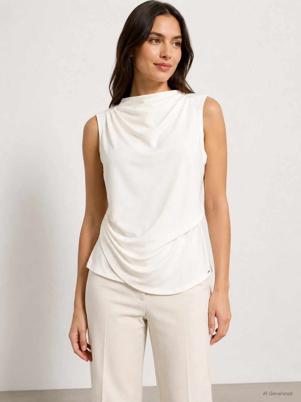 Calvin Klein Womens L White Draped Sleeveless Top Cowl Neck NWT Elegant Blouse